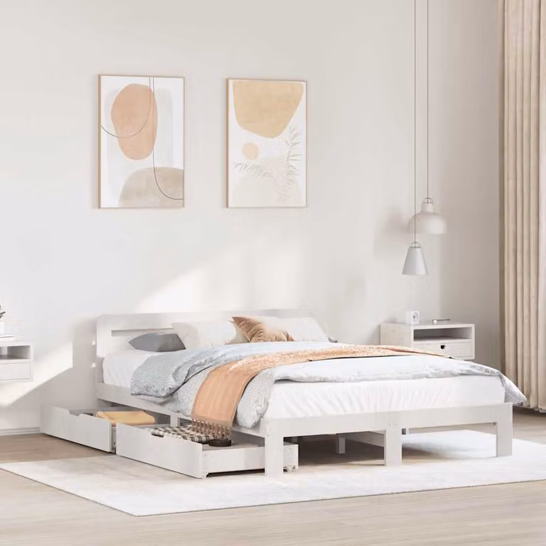 vidaXL Giroletto in legno massello di pino bianco con doghe piatte fisse L/P/H: 203.5 x 154 x 65.5 cm
