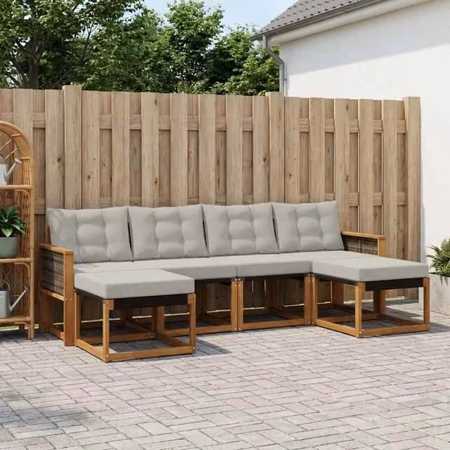 Set di divani da esterno a L vidaXL in legno di acacia con pouf e cuscini, Beige e Grigio