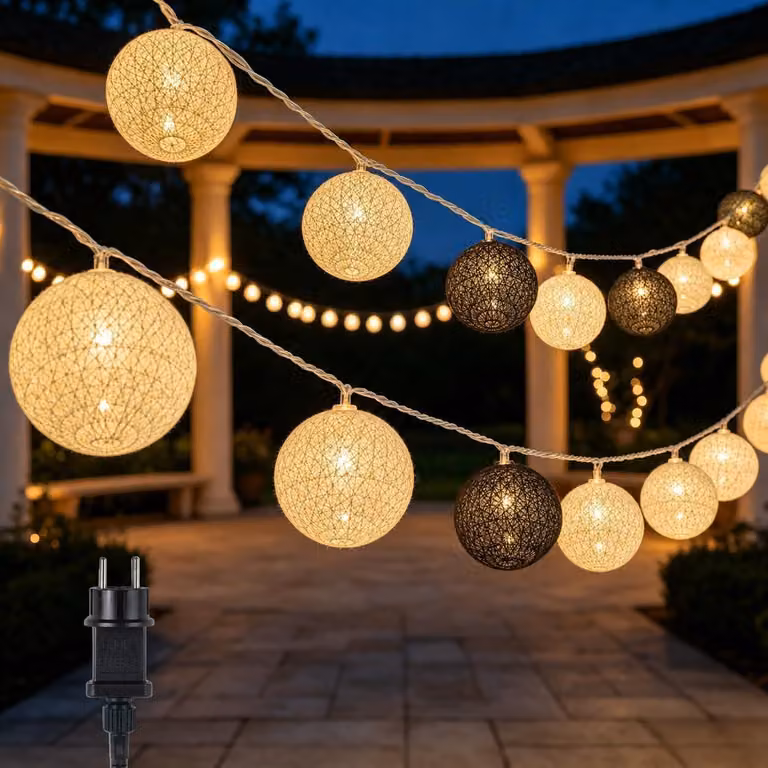 Catena luminosa con 20 palline di cotone, lunghezza 3,8 metri, luce bianco caldo, grado di protezione IP44, colore grigio