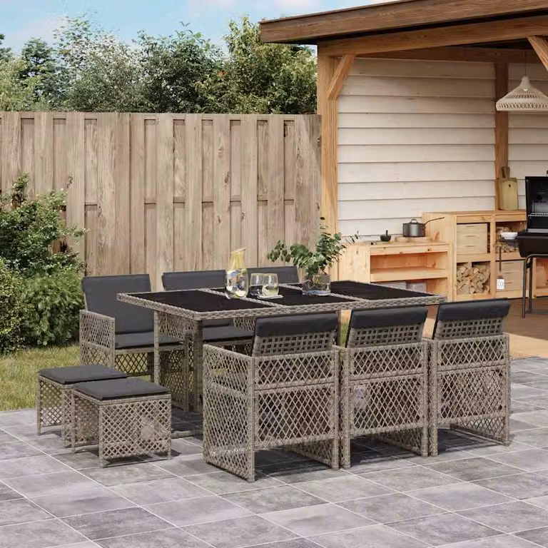 vidaXL Set da Pranzo da Giardino 11pz in Polyrattan Grigio con Piano in Vetro