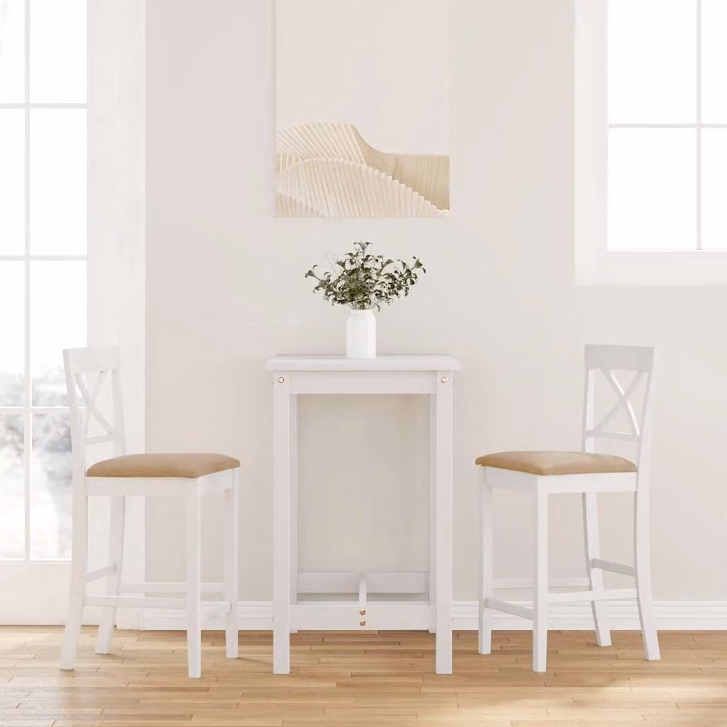 Set di 2 sgabelli da bar vidaXL in legno massello di hevea con cuscini, colore bianco e marrone