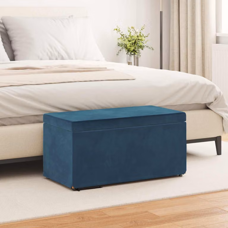 Pouf blu moderno vidaXL in velluto e legno con struttura rettangolare L: 81 cm, P: 41 cm, H: 40 cm