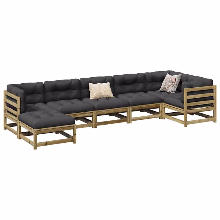 Set di Divani da Giardino vidaXL 7 Pezzi in Legno di Pino Trattato con Cuscini, Forma a L, Marrone e Grigio