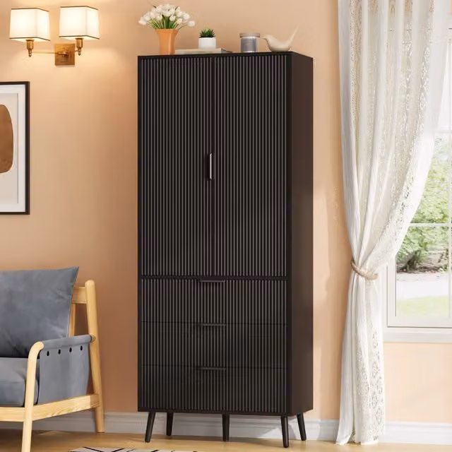 Mobile colonna da cucina con 2 ante 3 cassetti ripiani regolabili e vani nelle ante in MDF nero 75 × 35 × 180 cm