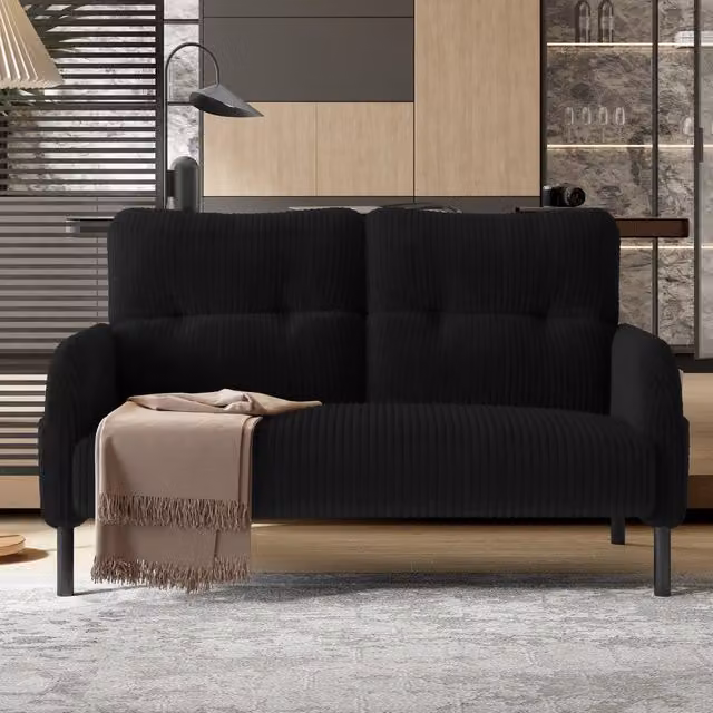 Divano a 2 posti REDOM in velluto a coste nero con struttura in metallo L: 120 cm, P: 75 cm, H: 79 cm – 1