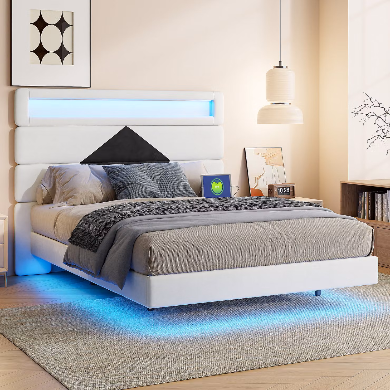 Letto imbottito Fortuna Lai 140x190 cm, letto galleggiante con LED, USB, testata regolabile, velluto, letto matrimoniale beige/nero, B