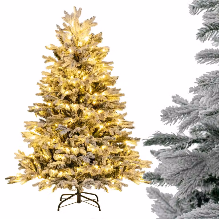 COSTWAY Albero di Natale artificiale 135 cm, albero di Natale 688 punte di rami misti con neve, 200 LED bianchi caldi, albero di Natale, bianco verde
