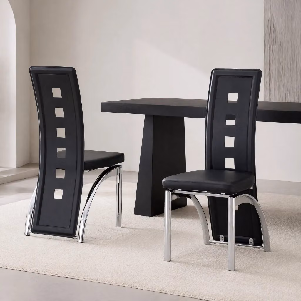Set di 2 sedie da pranzo moderne MODFU con schienale traforato in ecopelle nera e metallo argentato, Altezza: 102,5 cm – 2