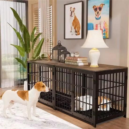Panca per cani Shoppee Luxe XL modello moderno con tre porte e vassoio rimovibile, colore nero, in legno e metallo