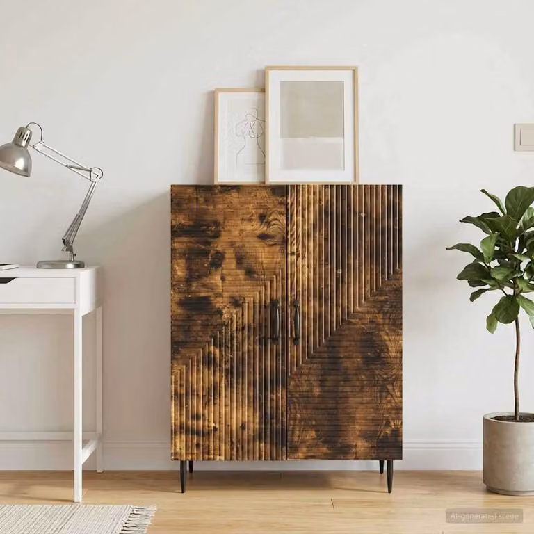 Credenza moderna vidaXL in legno ingegnerizzato e metallo, colore Rovere Fumo e Nero, L 66 x P 34,5 x H 89,5 cm