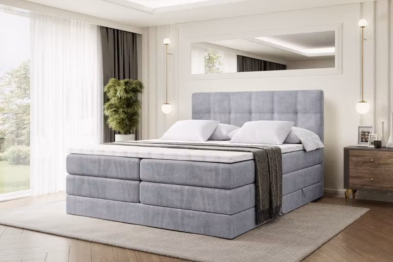 Letto boxspring ALTDECOR con 2 materassi e topper - 160x200 cm - MARCE KING - Velluto grigio chiaro - Letto imbottito con materassi H3 e H4, contenitore e rete a doghe, letto con spazio contenitivo