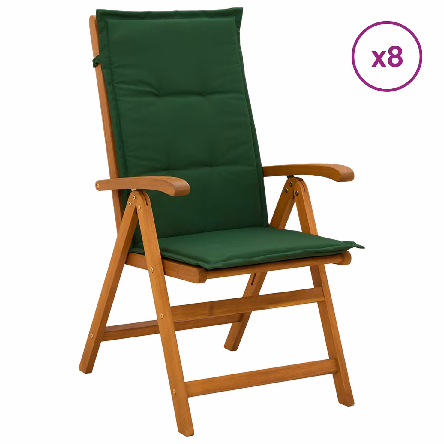 Set di 8 sedie da giardino reclinabili vidaXL in legno di acacia naturale con cuscini verdi e braccioli