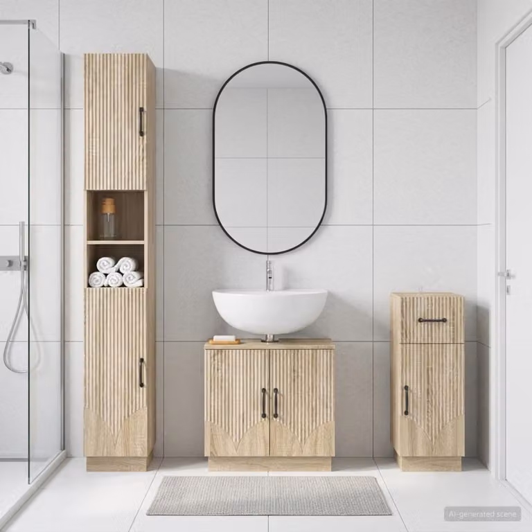 Set di armadietti da bagno 3 pezzi vidaXL HOORN Rovere Sonoma, colore marrone e beige, con mobile lavabo, colonna e mobile laterale, design moderno
