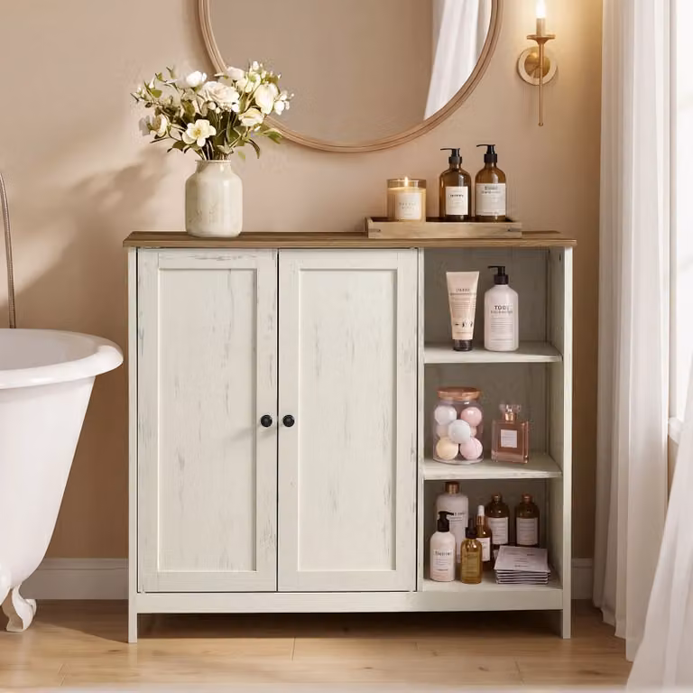 Mobile bagno da terra in MDF con ante e ripiani regolabili, Bianco Vintage + Marrone Miele