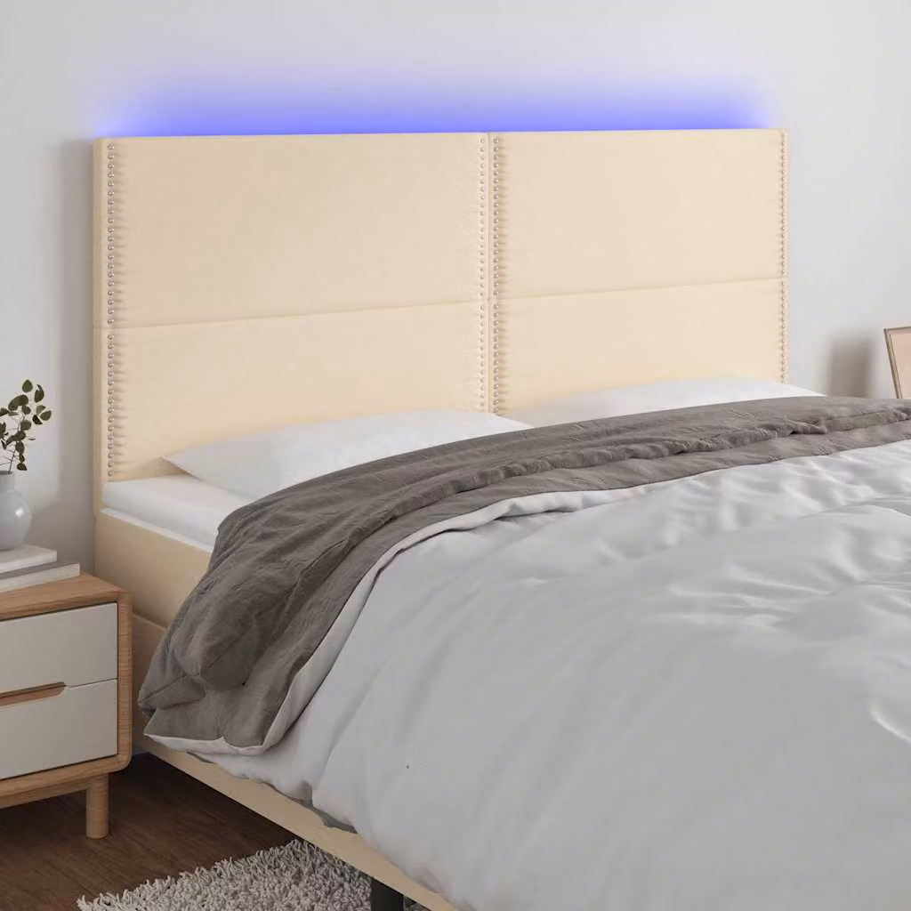 Testiera per letto vidaXL in tessuto beige con illuminazione LED integrata e porta di ricarica USB, L 180 cm x P 5 cm x H 118/128 cm