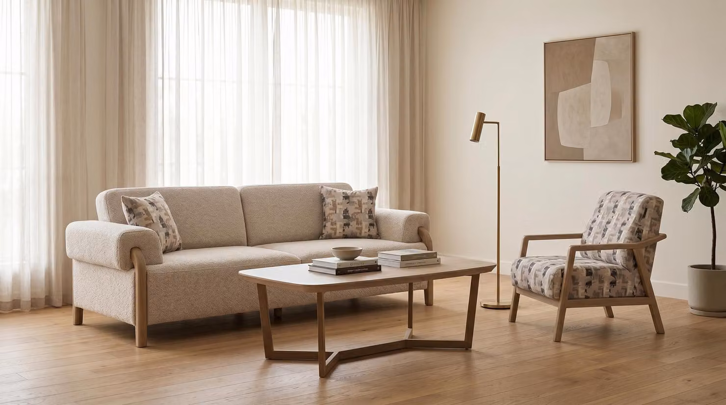 Divano componibile 3 posti + 1 posto con tavolino, tessuto bouclé beige, design moderno