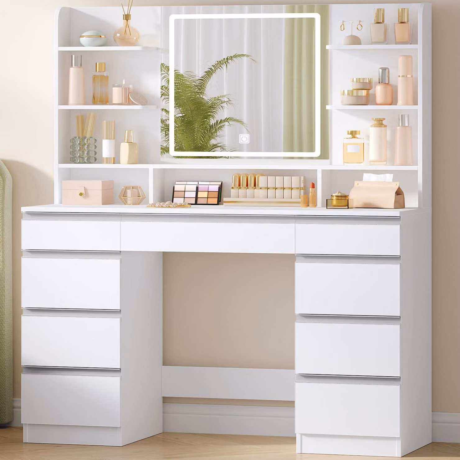 Comò da trucco con illuminazione a LED, 3 colori, regolazione della luminosità, specchio, 9 cassetti, 9 ripiani aperti, bianco e argento, modello DT41903W