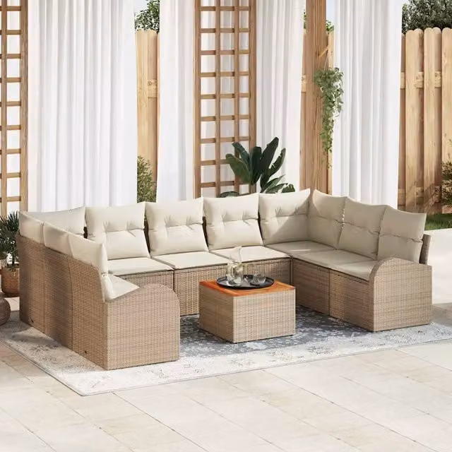 Set Divano da Giardino vidaXL a forma a U con Tavolino, 10 Pezzi, Beige, in Polyrattan e Acciaio con Cuscini Inclusi