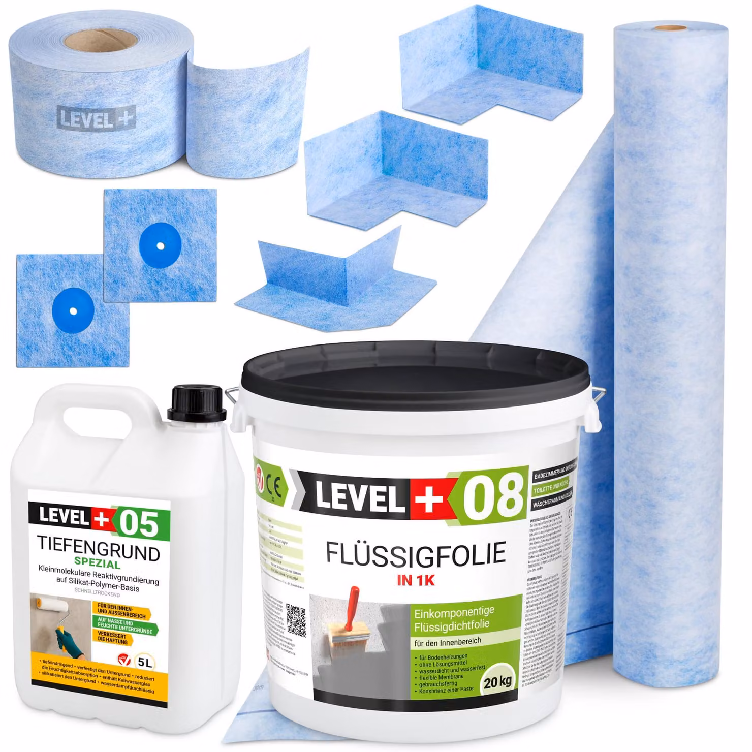 Kit di impermeabilizzazione Foglio liquido 20 kg Nastro sigillante 15 mb Primer 5 L Mat 1 mb Level+ SET39