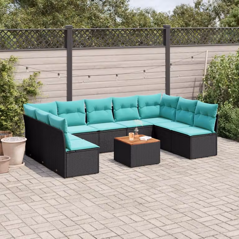 Set di divani da giardino vidaXL in polyrattan nero con cuscini e tavolino da esterno a forma di L