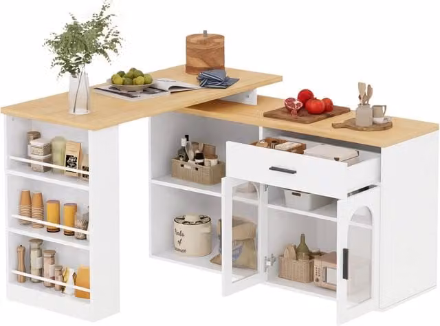 Isola da Cucina 136x50x78 cm Bianca e Rovere con Tavolo Girevole 360°, Cassetto e Ripiani
