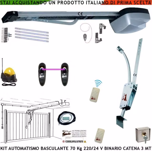 Kit Automazione Securvera per Porta Basculante da Soffitto 70 Kg, Colore Grigio, con Binario in Alluminio, Catena in Acciaio da 3 Metri e 2 Radiocomandi