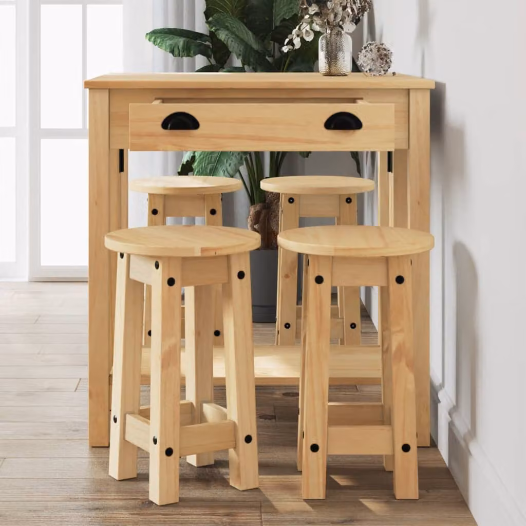 Set da Bar vidaXL in Legno di Pino con Tavolo Rettangolare e 4 Sedie, Colore Marrone e Beige, L/P/H: 110 x 72 x 84 cm