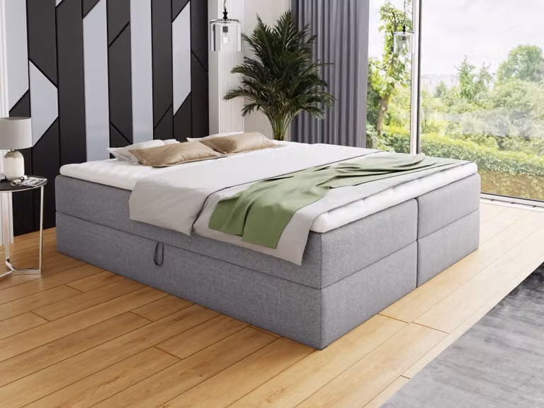 Letto boxspring Base con 2 cassetti - Letto matrimoniale con materasso Bonell e topper, letto imbottito, letto indipendente (grigio (Inari 91), 180 x 200 cm)