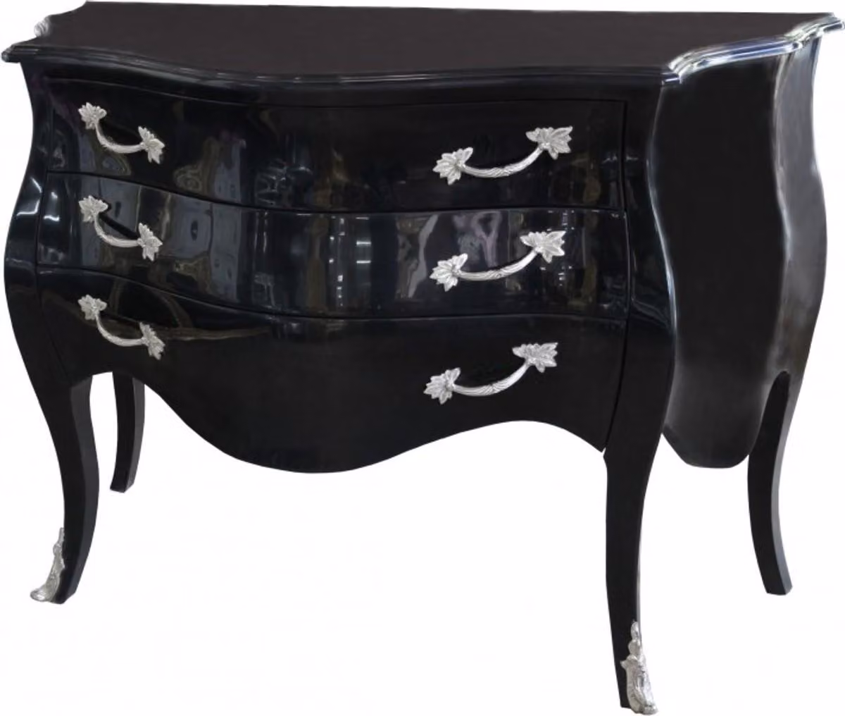 Casa Padrino Cassettone barocco nero lucido 122 cm con applicazioni in metallo argentato - Stile antico