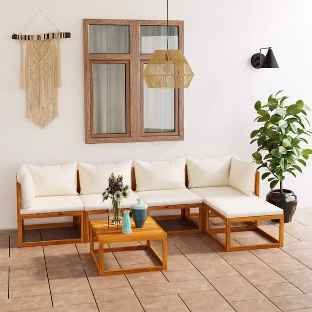 Set Divani da Giardino 6 pz con Cuscini Crema Massello Acacia 3057655