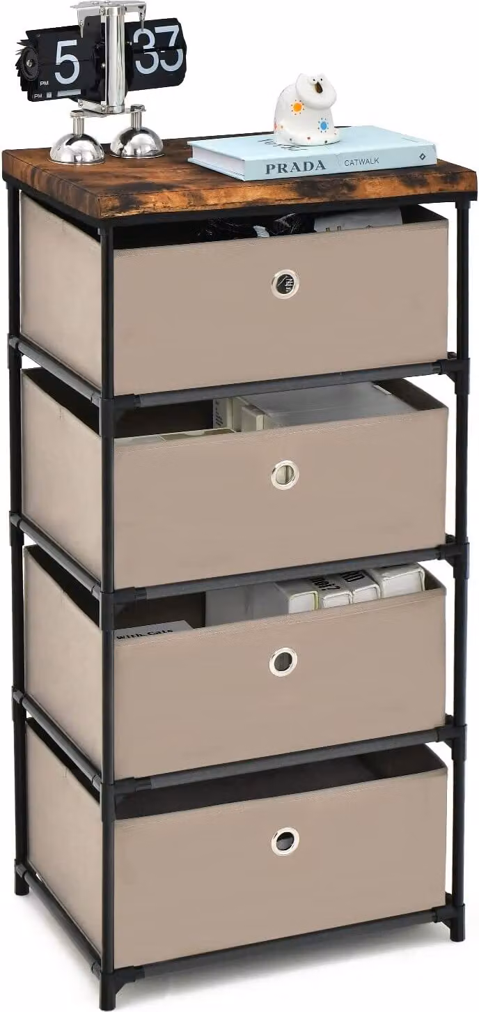 Comodino COSTWAY con cassetti in tessuto, tavolino con struttura in metallo, mobile contenitore in tessuto per camera da letto, soggiorno, corridoio (marrone, 4 cassetti)