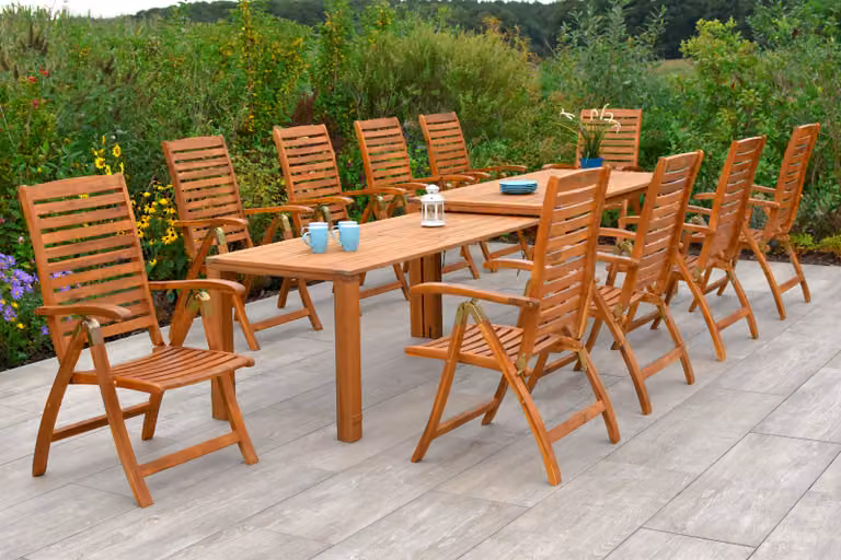 Set di mobili da giardino Merxx Paraiba, 11 pezzi, 10 sedie pieghevoli, tavolo allungabile Flex 185 (362,5) x 90 (73,5) x 76 (70) cm - Acacia