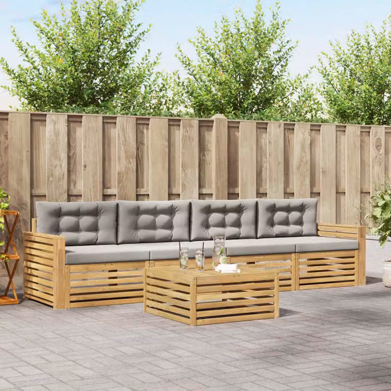 Set di mobili da giardino vidaXL composto da 5 pezzi in legno di acacia con divano a 3 posti, poltrone e tavolino da caffè, colore bianco e grigio