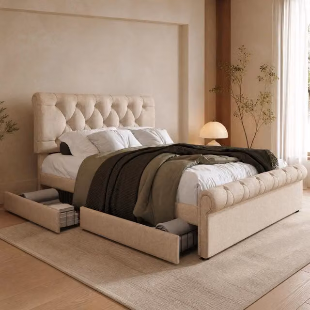 Letto Mivray con cassetti e materasso ibrido in lino beige, legno e metallo, L/P/H: 140 x 200 x 110 cm