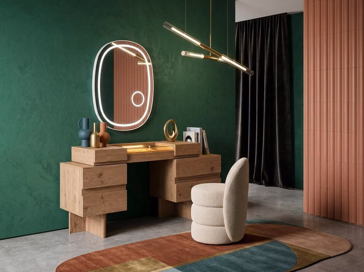 Schminktisch Spiegel Pouf Schlafzimmer Stil modern braun bequem praktisch
