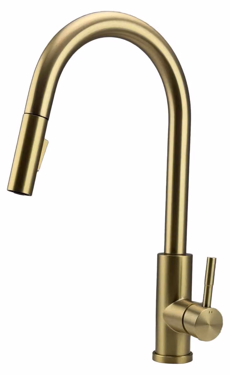 Miscelatore da cucina con finitura PVD dorata spazzolata e doccetta estraibile, modello Pure.Sink