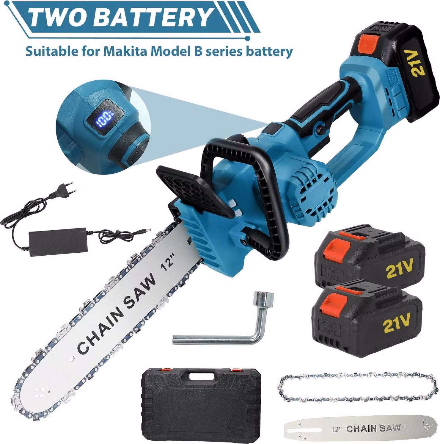 Troncatrice a catena elettrica - Motosega a batteria da 30 cm - Motore brushless da 2200 W - 2 batterie da 21 V - Spina di tipo europeo