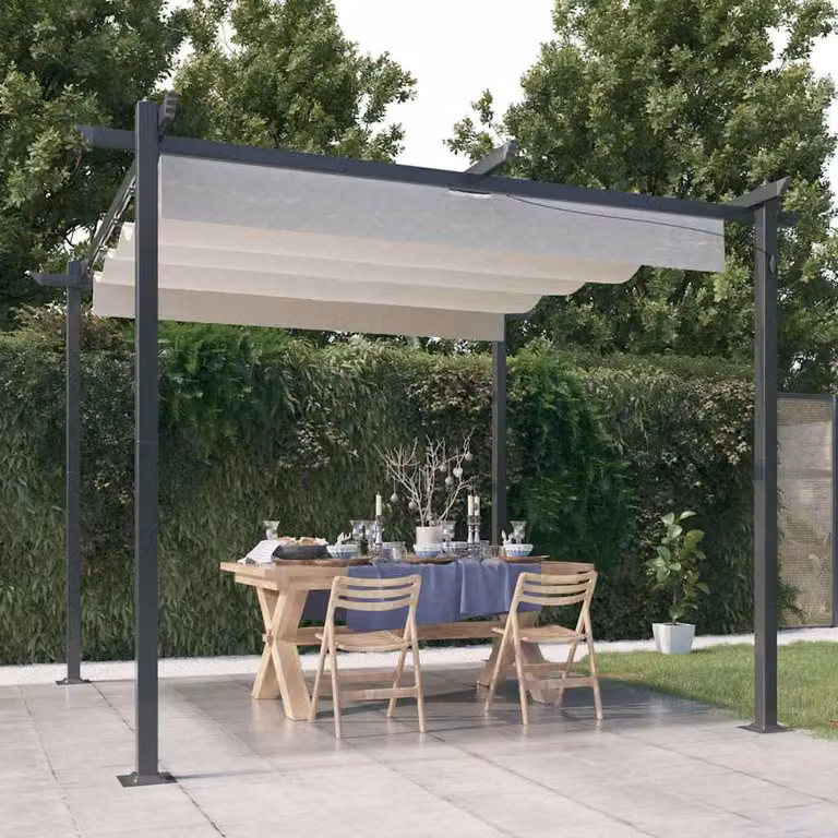 vidaXL Pergola da Giardino con Tetto Retrattile in Acciaio e Poliestere, Beige, L: 300 cm, P: 300 cm, H: 220 cm