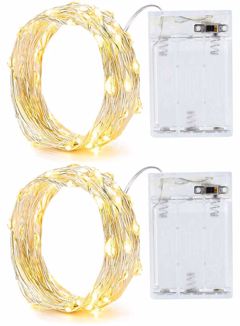 Set di 2 catene luminose, 20 LED, luce bianco caldo, con timer, alimentazione a batteria, lunghezza 2 metri