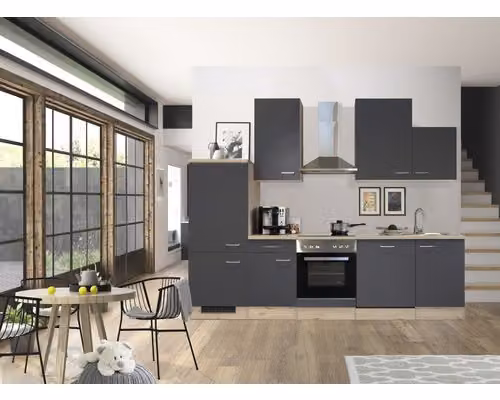 Mobile cucina con elettrodomestici Flex Well Tiago 280 cm colore frontale grigio basalto opaco colore mobile rovere san remo chiaro