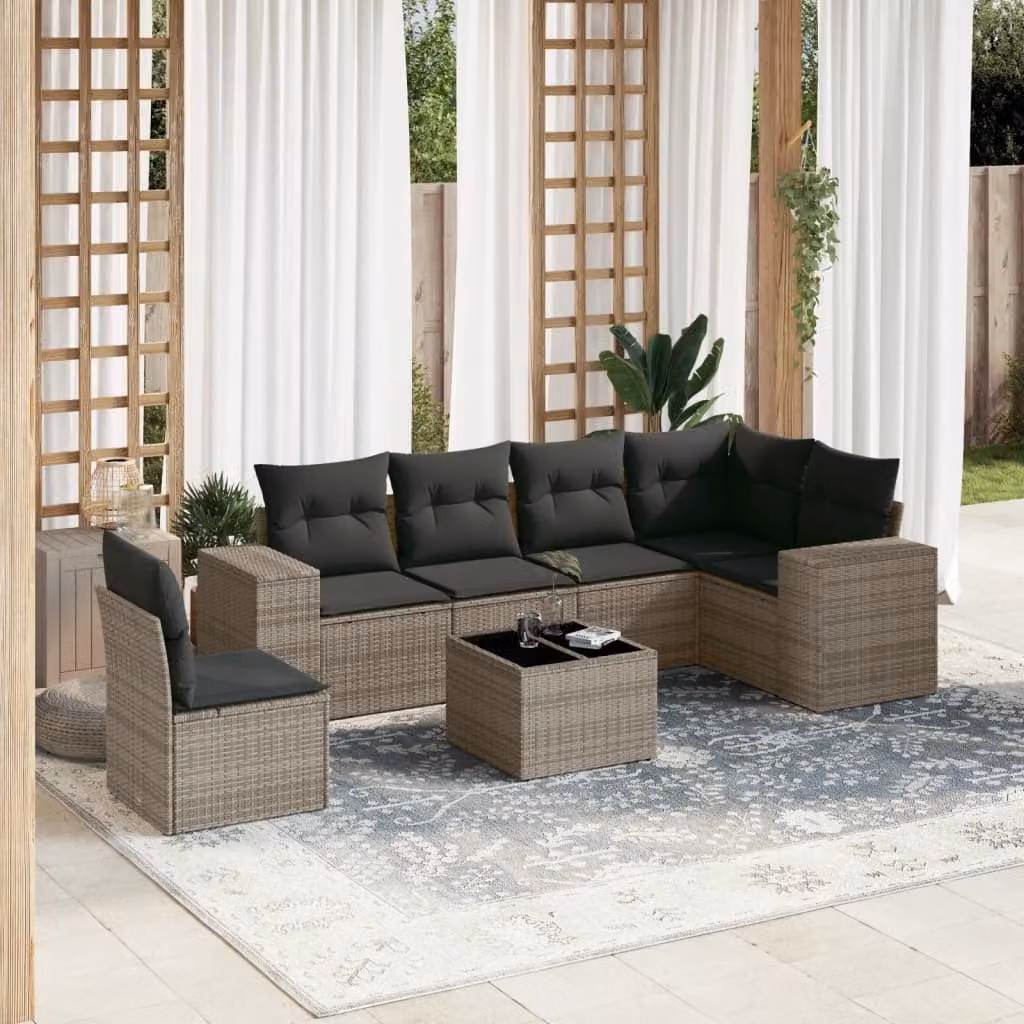 Set di divani da giardino vidaXL in polyrattan grigio con cuscini, tavolo e sedute a forma di L per esterno – 1