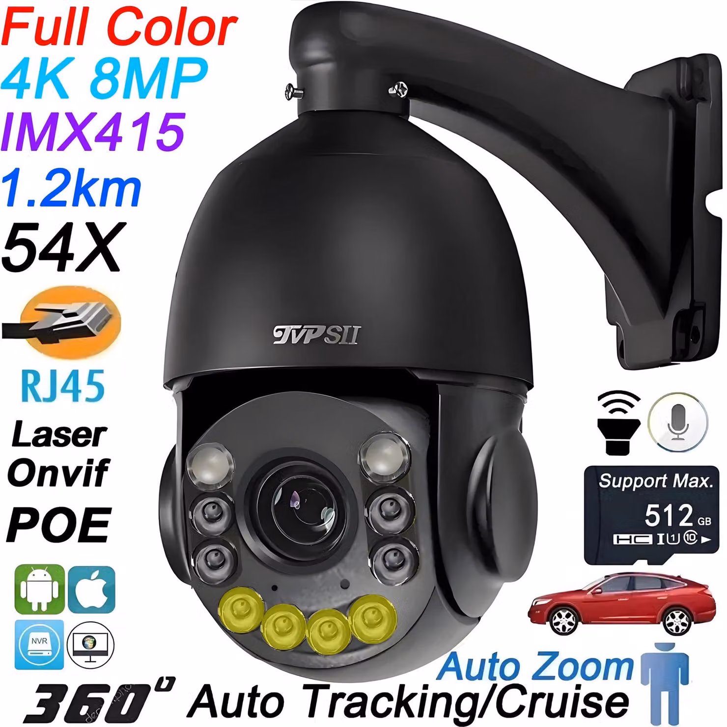 Telecamera IP PTZ da 8MP, risoluzione 4K – Telecamera di sicurezza – Telecamera a cupola – Telecamera CCTV – Zoom ottico 54x – Impermeabile