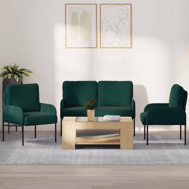 Set di divani 3 pezzi vidaXL in tessuto verde e nero con struttura in legno e metallo per soggiorno