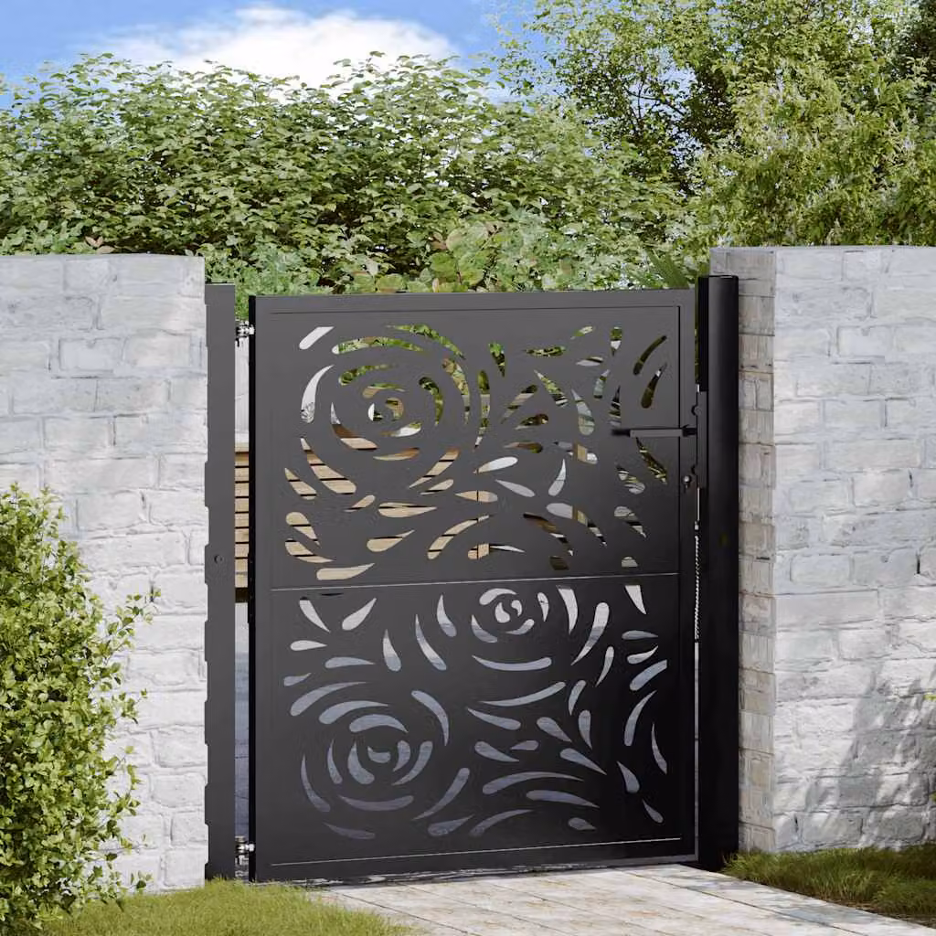 Cancello singolo da giardino vidaXL in acciaio nero con design a fiamma L: 106 cm, H: 110 cm