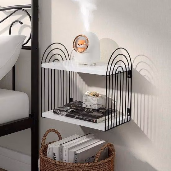 Scrivania, bianca, in legno, nera, in metallo, comodino, a 2 ripiani, piano d'appoggio curvo, da parete, moderna, camera da letto, bagno, soggiorno, cucina