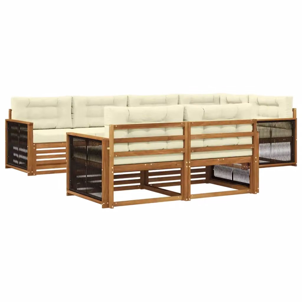 Set di divani da esterno a L vidaXL in legno di acacia con cuscini beige e bianchi – 2