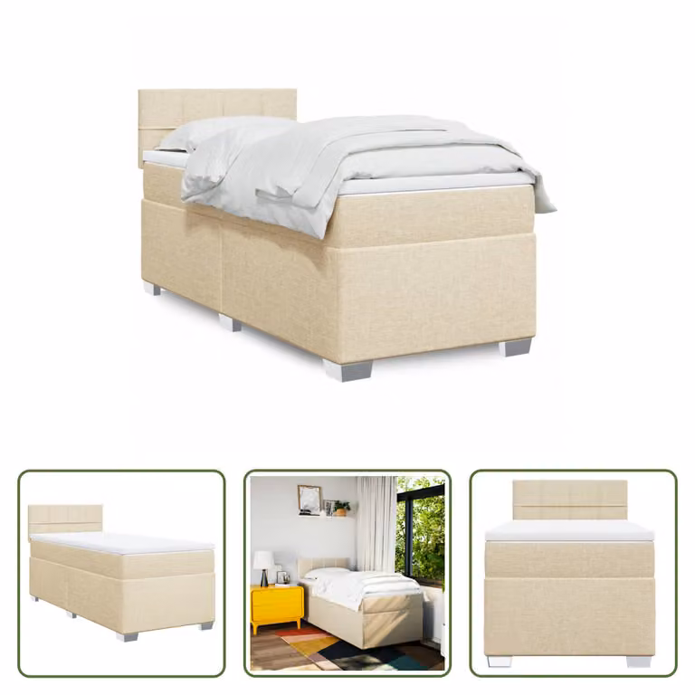 The Living Store Letto a molle con materasso crema 100x200 cm in tessuto