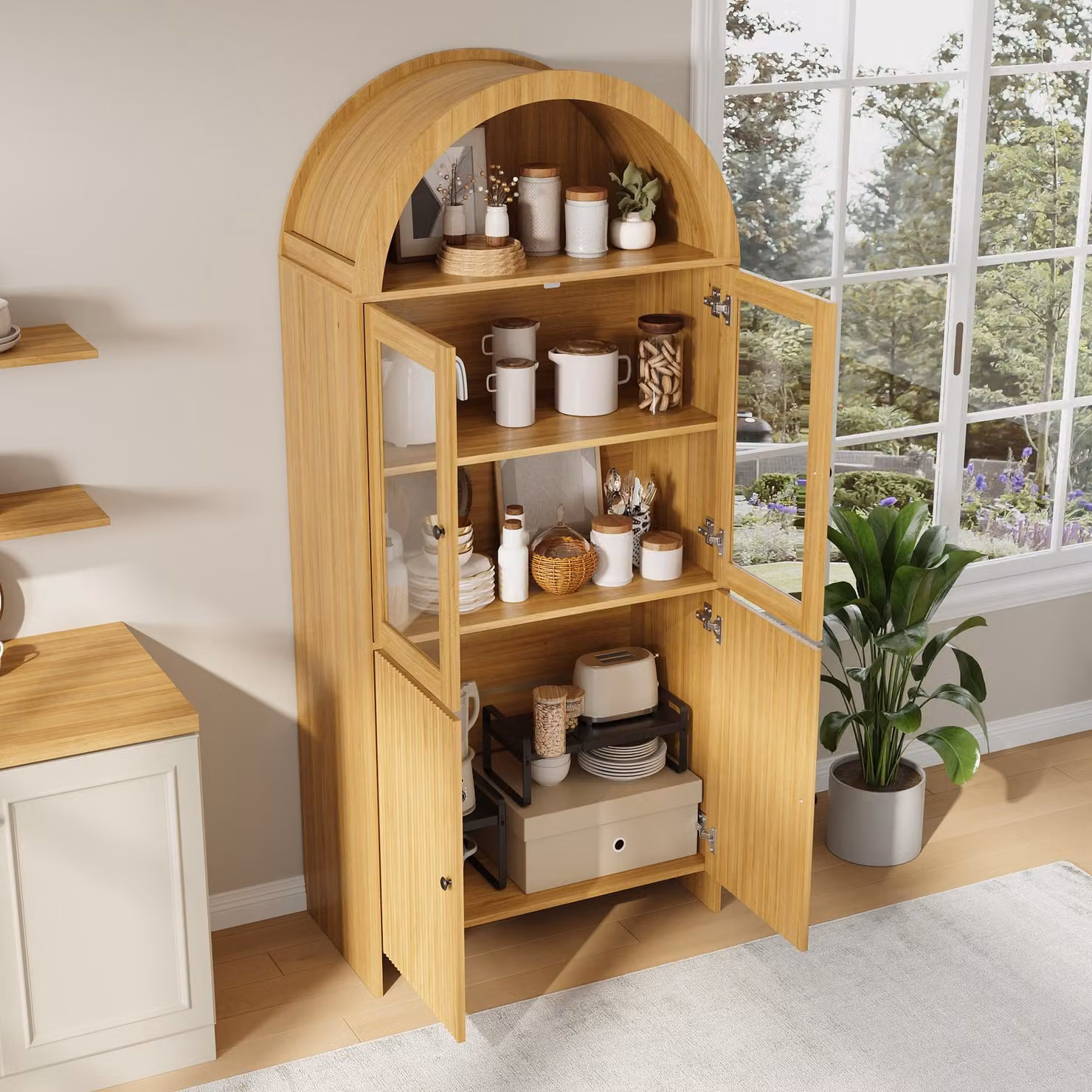 okwish: Armadio da cucina con parte superiore a forma di arco, vetrina con ante in vetro, mobile contenitore con spazio aperto, adatto per soggiorno e sala da pranzo, design naturale