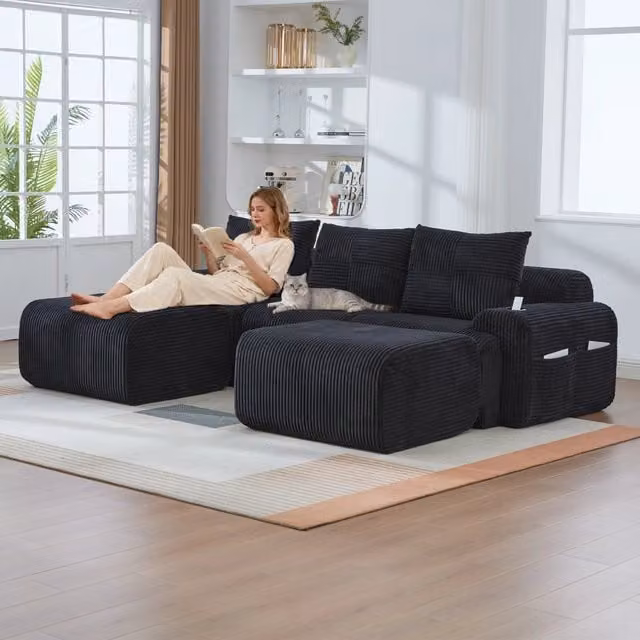 Divano Modulare Minimal 3 Posti a L con Poggiapiedi Nero in Tessuto a Coste e Contenitore