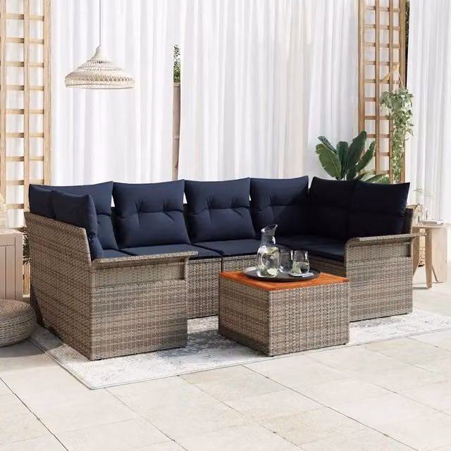 Set Divano da Giardino 7 pz 6-Numero di posti Grigio e Blu Navy 3355952